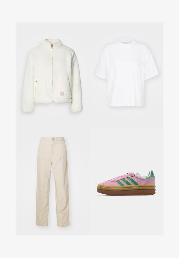 White fleece jacket with a structured collar, zip front, and two front pockets. Features soft texture and contrasting shoulder panels.; White cotton t-shirt with a crew neck, short sleeves, and a relaxed fit. Features a subtle logo on the left chest area. Smooth texture.; Beige linen pants with a relaxed fit, featuring side pockets and decorative stitching details, seamless waistband, and straight legs.; Pink suede sneakers with green stripes, white accents, and a brown rubber sole. Features textured fabric and logo detailing on the side.