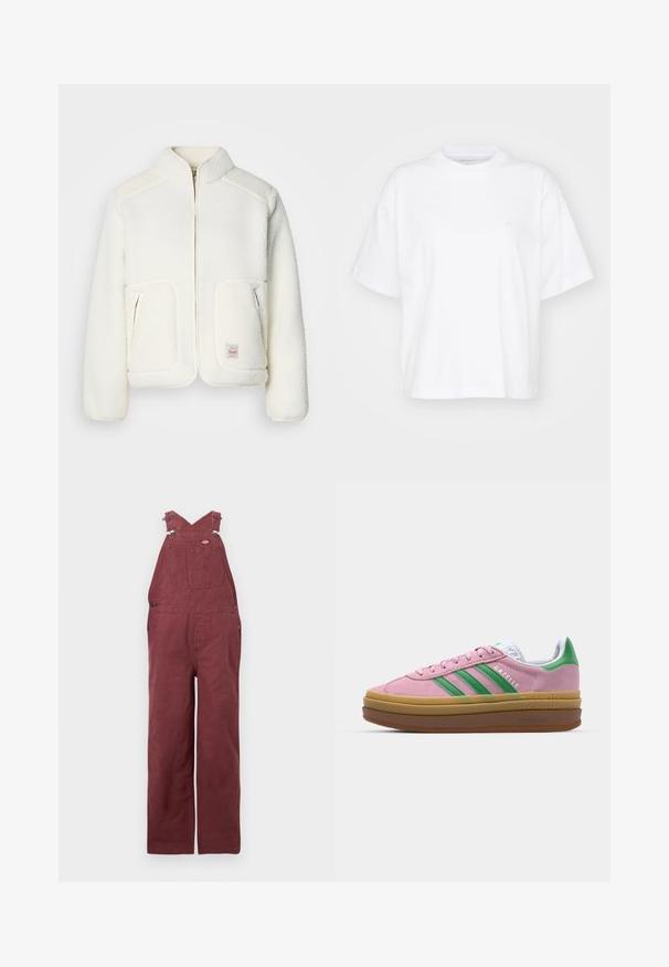 Valge fliisjakker, millel on struktureeritud krae, lukuga ees ja kaks esikotti. Omab pehmet tekstuuri ja kontrastseid õlapaneele.; Valge puuvillane t-särk ümmarguse kaelusega, lühikeste varrukatega ja lõdgalt istuv. Vasakul rinnal on peen logo. Sile tekstuur.; Burgundi värvi puuvillased üleüldised riided, millel on ristuvad rihmad, ees taskud ja metallist detailid. Sile tekstuur ja mugav lõige.; Roosa nahast tossud roheliste triipude, valgete aktsentide ja pruuni kummitaldiga. Omavad tekstuuriga kangast ja logo detaile külgedel.