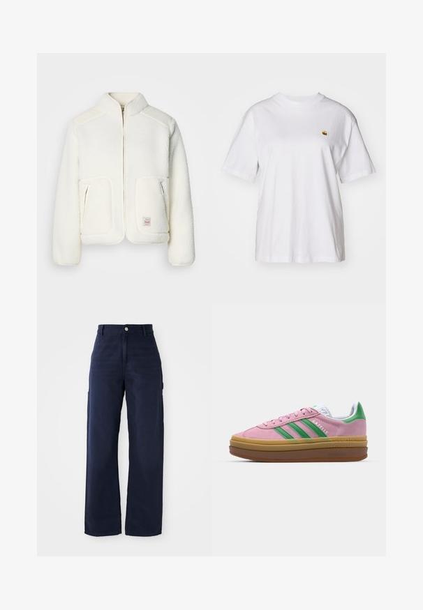 Giacca in pile bianca con colletto strutturato, chiusura con zip e due tasche anteriori. Presenta una texture morbida e pannelli sulle spalle a contrasto.; Maglietta in cotone bianco con vestibilità rilassata, maniche corte e un piccolo logo ricamato sul lato sinistro del petto.; Pantaloni cargo a gamba larga blu navy in un robusto tessuto di cotone, con tasche laterali e chiusura con bottone in vita.; Sneakers in suede rosa con strisce verdi, dettagli bianchi e suola in gomma marrone. Presentano un tessuto testurizzato e un logo sulla parte laterale.