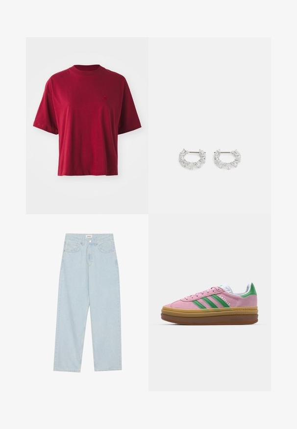 Fehér gyapjú dzseki struktúrált gallérral, cipzáros elülső résszel és két elülső zsebbel. Puha tapintású, és kontrasztos vállpanellel rendelkezik.; Piros pamut rövid ujjú póló, kerek nyakkivágással és egy kis hímzett logóval a mellkasán. Széles szabású és sima textúrájú.; Világoskék, széles lábú farmernadrág, közepes derékkal, öt zsebbel és gombos záródással, vékony fémszínű akcentussal.; Rózsaszín zamákból készült sportcipő zöld csíkokkal, fehér díszítéssel és barna gumi talppal. Texturált anyaggal és logóval ellátott részletekkel az oldalon.; Ezüst karika fülbevalók, átlátszó, téglalap és háromszög alakú kristályokkal, mintás elrendezésben. Biztonságos rögzítést biztosító fülbevaló pálcikák.