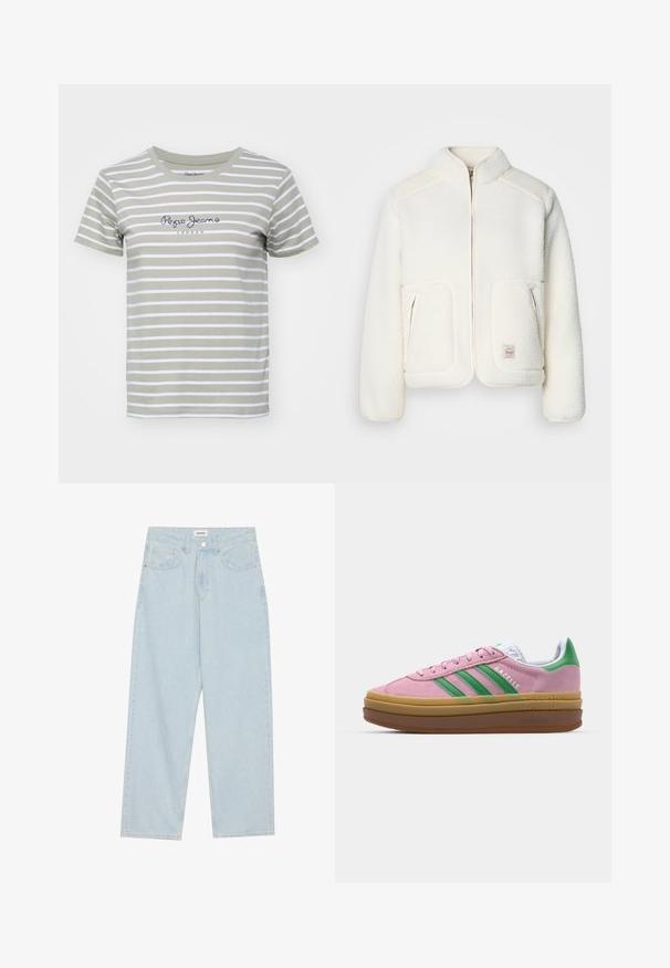 Chaqueta de forro polar blanca con cuello estructurado, cierre frontal de cremallera y dos bolsillos frontales. Presenta una textura suave y paneles de hombros en contraste.; Camiseta de algodón a rayas en verde oliva y blanco, con cuello redondo y logo en azul marino en el pecho. Mangas cortas, corte regular.; Jeans de mezclilla de pierna ancha en azul claro, con una cintura de altura media, cinco bolsillos y un cierre de botón con un acabado metálico delgado.; Zapatillas de ante rosa con rayas verdes, acentos blancos y una suela de goma marrón. Presentan un tejido texturizado y detalles del logo en el costado.