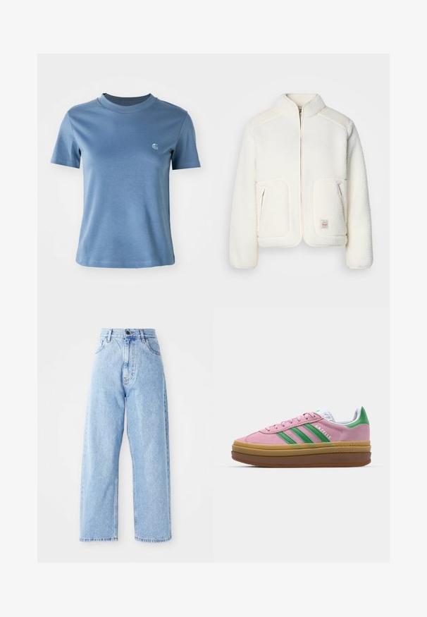 Chaqueta de forro polar blanca con cuello estructurado, cierre frontal de cremallera y dos bolsillos frontales. Presenta una textura suave y paneles de hombros en contraste.; Camiseta de algodón de manga corta, color azul claro, con un pequeño logo blanco en el lado izquierdo del pecho, sobre un fondo blanco liso.; Jeans de mezclilla de tiro alto en color azul claro, con piernas rectas y anchas, cierre frontal con botón y cremallera, y bolsillos delanteros y traseros.; Zapatillas de ante rosa con rayas verdes, acentos blancos y una suela de goma marrón. Presentan un tejido texturizado y detalles del logo en el costado.