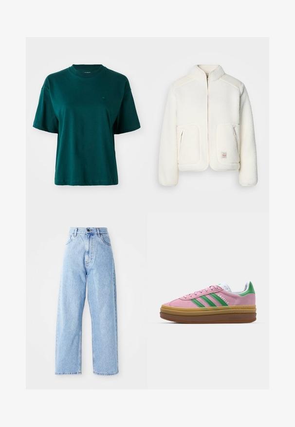 White fleece jacket with a structured collar, zip front, and two front pockets. Features soft texture and contrasting shoulder panels.; Dark green short-sleeve t-shirt made of cotton, featuring a crew neckline and a small logo on the left chest area. Simple design.; High-waisted light blue denim jeans with straight wide legs, front button, zipper closure, and front and back pockets.; Pink suede sneakers with green stripes, white accents, and a brown rubber sole. Features textured fabric and logo detailing on the side.