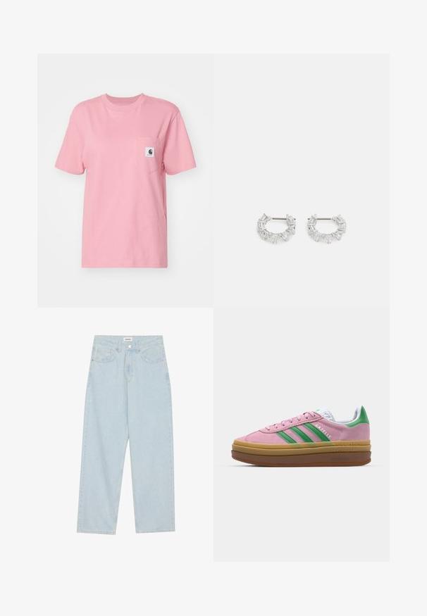 Balta vilnas jaka ar struktūruotu apkakli, ar rāvējslēdzēju priekšā un divām priekšējām kabatām. Iezīmējas ar mīkstu tekstūru un kontrastējošiem plecu paneļiem.; Carhartt WIP POCKET - Pamata T-krekls - dusty rose; Gaiši zilas platās kājas džinsi, kas izgatavoti no denima, ar vidēju jostas augstumu, piecām kabatām un pogas aizdari ar šauru metāla akcentu.; Rozā zamša kedas ar zaļām svītrām, baltām akcentiem un brūnu gumijas zoli. Izstrādātas ar teksturētu audumu un logotipa detaļām sānos.; Sudraba auskari ar apaļām gredzeniem, kuriem ir caurspīdīgi, taisnstūra un trīsstūra formas kristāli, sakārtoti rakstainā dizainā. Ar stiprinājuma tapas drošai fiksēšanai.