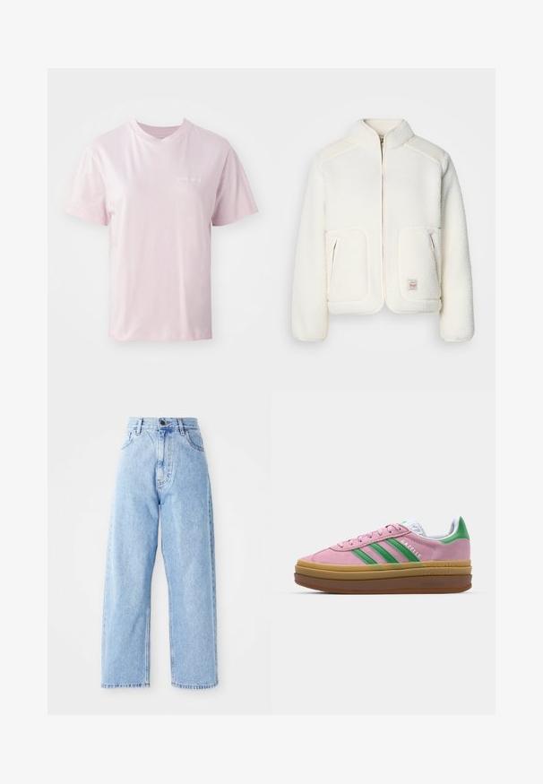 Casaco de lã branco com colarinho estruturado, fecho à frente e dois bolsos frontais. Apresenta uma textura suave e painéis nos ombros em contraste.; T-shirt de algodão rosa claro com gola redonda, mangas curtas e um logótipo subtil impresso em branco na área do lado esquerdo do peito.; Jeans de ganga azul claro de cintura alta, com pernas largas e retas, fecho frontal por botão e zip e bolsos à frente e atrás.; Ténis de camurça rosa com riscas verdes, detalhes brancos e sola de borracha castanha. Apresenta tecido texturizado e detalhes de logótipo na lateral.