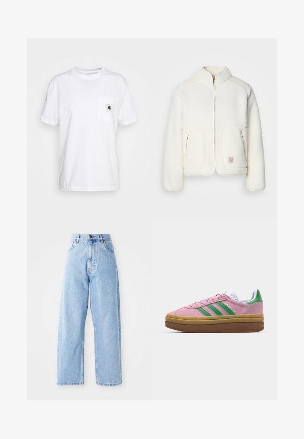 White fleece jacket with a structured collar, zip front, and two front pockets. Features soft texture and contrasting shoulder panels.; White cotton t-shirt with short sleeves, round neck, and a left chest pocket featuring a black and white logo label.; High-waisted light blue denim jeans with straight wide legs, front button, zipper closure, and front and back pockets.; Pink suede sneakers with green stripes, white accents, and a brown rubber sole. Features textured fabric and logo detailing on the side.