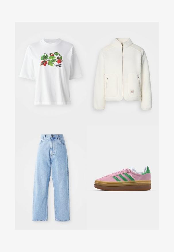 Weißer Fleece-Jacke mit strukturiertem Kragen, Reißverschluss vorne und zwei Fronttaschen. Verfügt über eine weiche Textur und kontrastierende Schulterpaneele.; Weißes Baumwoll-T-Shirt mit kurzen Ärmeln, in der Mitte mit einem bunten Design von Früchten und Blättern bedruckt. Der Text lautet "Carhartt WIP Cream of the crop."; Hoch-taillierte hellblaue Jeans mit geraden, weiten Beinen, vorderem Knopf, Reißverschluss und Front- sowie Gesäßtaschen.; Rosa Wildledersneaker mit grünen Streifen, weißen Akzenten und einer braunen Gummisohle. Verfügt über strukturierten Stoff und Logodetails an der Seite.