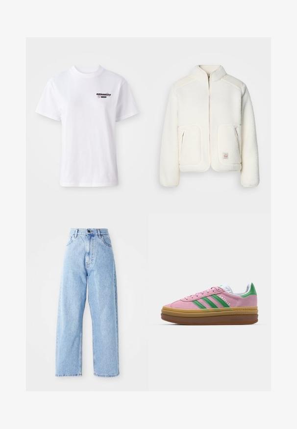 Witte fleecenye met een gestructureerde kraag, ritssluiting aan de voorkant en twee voorzakken. Heeft een zachte textuur en contrasterende schouderpanelen.; Witte t-shirt met korte mouwen en ronde hals, met een klein zwart en paars Carhartt WIP-logo op de linkerkant van de borst.; Hogewaisted lichtblauwe denim jeans met rechte wijde pijpen, voorste knoop, ritssluiting en voor- en achterkant zakken.; Roze suede sneakers met groene strepen, witte accenten en een bruine rubberen zool. Heeft een gestructureerde stof en logodetails aan de zijkant.