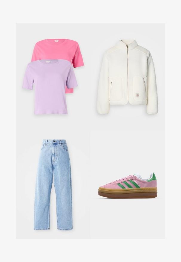 Casaco de lã branco com colarinho estruturado, fecho à frente e dois bolsos frontais. Apresenta uma textura suave e painéis nos ombros em contraste.; Duas t-shirts de manga curta: uma em rosa e uma em lavanda, feitas de algodão suave, com decotes redondos e um design simples.; Jeans de ganga azul claro de cintura alta, com pernas largas e retas, fecho frontal por botão e zip e bolsos à frente e atrás.; Ténis de camurça rosa com riscas verdes, detalhes brancos e sola de borracha castanha. Apresenta tecido texturizado e detalhes de logótipo na lateral.
