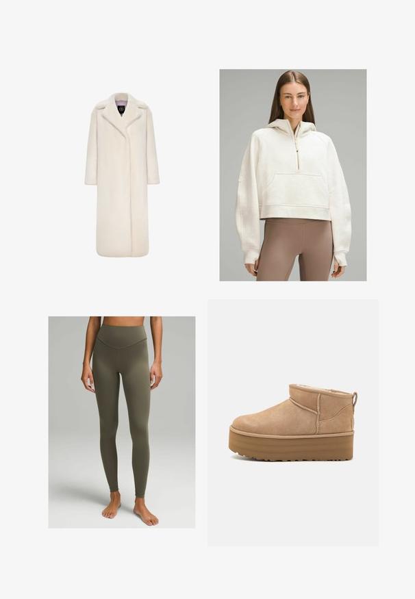 Lång, elfenbenfärgad fuskpälsjacka med notched krage, långa ärmar och öppen framsida. Mjuk textur och helängd silhuett.; lululemon SCUBA OVERSIZED HALF-ZIP - Luvtröja - heathered bone gold; Höga leggings i olivgrön, tillverkade av mjukt, stretchigt tyg. Har en figurnära design med en subtil söm längs midjan.; Beiga mockaskängor till anklarna med en mjuk inredning, med en plattformssula och en dragsko baktill för enkel påtagning. Mönstrad gummisula.