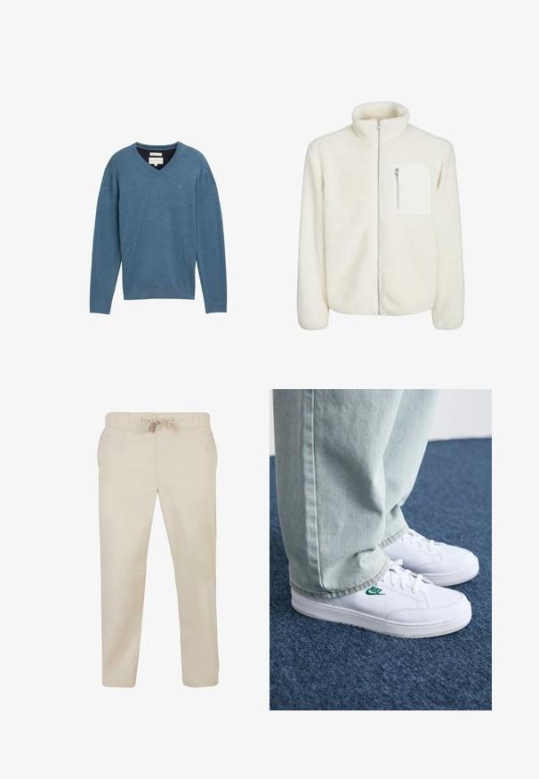 Valge fliiskampsun kõrge kaelusega, ees tõmblukuga ja väike lukuga tasku rinnal. Pehme tekstuur ja luksuslik välimus.; Sinine puuvillane V-kaelusega sviiter pikkade varrukatega ja soonikkoes mansettidega. Esipoolt kaunistab väike logo ja see on valmistatud pehmest, tekstureeritud kangast.; Beige puuvillased püksid elastse vöökoha ja paelaga. Sirge sääre disain, sile tekstuur ja küljetaskud.; Valged nahast tennisetossud rohelise Nike logo ja ümarate varvastega, lamedate taldadega, koos helesiniste teksapükstega, esitatud sinisel vaibal.