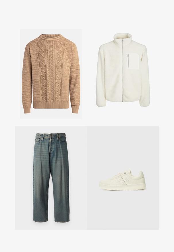 Biela fleecová bunda s vysokým golierom, predným zipsom a malým zipsovým vreckom na hrudi. Mäkká textúra s huňatým vzhľadom.; Pletený sveter v béžovej farbe s textúrovanými vzormi. Má okrúhly výstrih, rebrované manžety a rôzne dizajny kabelkového pletenia na prednej strane.; Svetlomodré denimové nohavice so voľným strihom, stredne vysokým pásom a rovnými nohavicami. Obsahujú päť vreciek, pútka na opasok a zapínanie na gombík.; Krémová teniska s perforovanými detailmi, šnúrkami a logom na boku, vystavená na jednoduchej bielej pozadí.