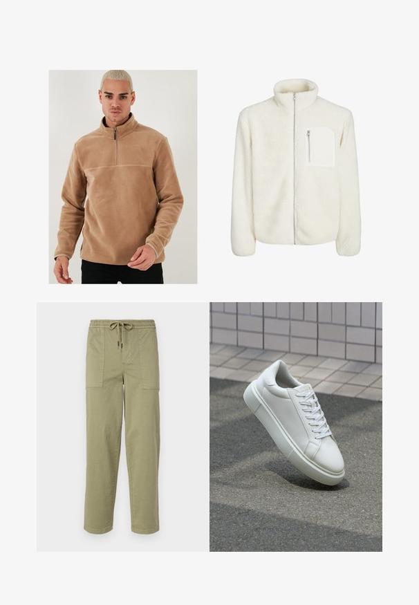 Bijela jakna od flisa s visokim ovratnikom, prednjim zatvaračem na munje i malim džepom na munje na prsima. Mekana tekstura s puhastim izgledom.; Pješčani flis pulover s polukratkim zipom i dugim rukavima. Karakterizira ga glatka tekstura i jednolična boja bez uzoraka ili akcenata.; Svijetlo maslinasto zelene hlače od mješavine pamuka, sa elastičnom strukom i vezicom, te dva velika bočna džepa.; Bijela kožna tenisica s glatkom površinom, okruglim vrhom i ravnim bijelim vezicama. Ima teksturiran gumeni potplat i minimalne dizajnerske elemente.