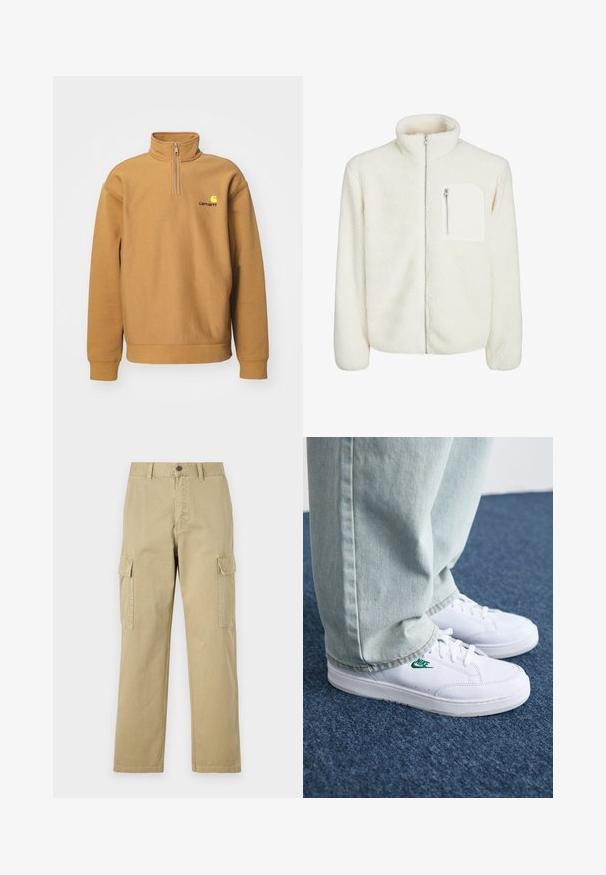 Balta pūkų striukė su aukštu apykakliu, priekiniu užtrauktuku ir mažuoju užtrauktuko kišenėle ant krūtinės. Minkšta tekstūra su pūkuota išvaizda.; Sviestinis megztinis šviesiai rudos spalvos flišo medžiagoje; turi pusiau užtrauktuką, gijų rankoves ir kontrastingą logotipą ant krūtinės.; Kreminės spalvos cargos kelnės, pagamintos iš medvilnės, su dviem šoninėmis kišenėmis, mygtukų užsegimu ir tiesiomis kojomis, šiek tiek tekstūruotu audiniu.; Balti odiniai sportbačiai su žaliu Nike logotipu, apvalia nosimi, plokščiu padu, derinami su šviesiai mėlynomis džinsinėmis kelnėmis, rodomi ant mėlynos kiliminės dangos.