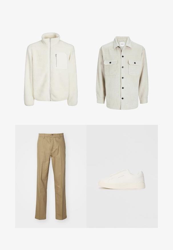 Biała polarowa kurtka z wysokim kołnierzem, zamkiem błyskawicznym z przodu oraz małą kieszonką na zamek na piersi. Miękka tekstura z pluszowym wyglądem.; Beżowa flanelowa koszula z kołnierzykiem, z dwoma kieszeniami na piersiach, czarnymi guzikami i długimi rękawami z mankietami na guziki.; Beżowe spodnie wykonane z gładkiego materiału. Prosty krój nogawki z zapięciem na guzik. Posiada szlufki na pasek oraz klasyczny krój, który zapewnia wszechstronny fason.; Białe sneakersy wsuwane z teksturowanej powierzchni, grubą podeszwą i minimalistycznym designem. Zawierają logo marki z boku.