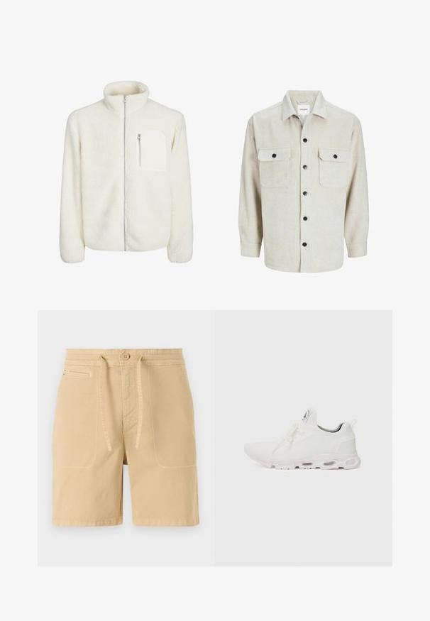 Bela flis jakna z visokim ovratnikom, sprednjim zadrgo in majhnim žepom z zadrgo na prsih. Mehka tekstura z luksuznim videzom.; Bežna flanelasta srajca s ovratnikom, ki ima dve prsni žep, črne gumbe in dolge rokave z gumbi na manšetah.; Bež kratke hlače iz bombaža, s pasom na vrvico, sprednjimi žepi in vidnim šivanjem. Preprost, vsakdanji dizajn.; Bela atletska obuća z značilnom pletenom gornjom stranom, ravnim vezicama i podlogom s jastučićem koja ima vidljive zračne komore za dodatnu potporu.