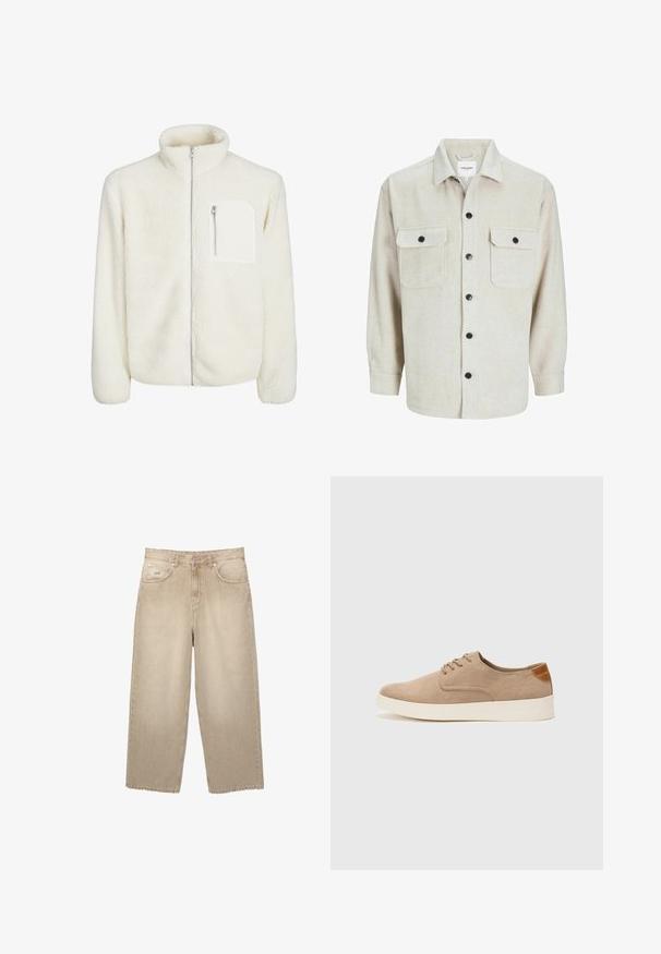 Biela fleecová bunda s vysokým golierom, predným zipsom a malým zipsovým vreckom na hrudi. Mäkká textúra s huňatým vzhľadom.; Bežová flanelová košeľa s golierom, obsahujúca dve náprsné vrecká, čierne gombíky a dlhé rukávy s gombíkovými manžetami.; Bežové džíny s širokými nohavicami a vysokým pásom, ktoré majú strapatý lem, dve predné vrecká a decentné vyšívanie.; Béžové semišové tenisky s okrúhlou špičkou, šnurovaním vpredu a textúrovaným zadným akcentom. Biela gumová podrážka poskytuje kontrast. Jednoduchý a moderný dizajn.