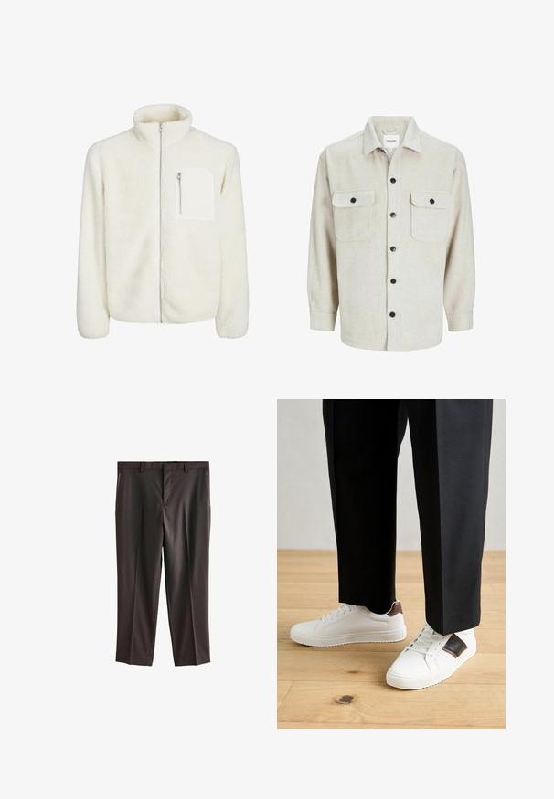 Valge fliiskampsun kõrge kaelusega, ees tõmblukuga ja väike lukuga tasku rinnal. Pehme tekstuur ja luksuslik välimus.; Beež flanellist särk, millel on krae, kahe rinnatasku ja mustade nööpidega, pikaaeline varrukad nööpidega cuffs.; Tumed pruunid püksid, lame eesmine disain, kaks küljetaskut, kohandatud sobivus ja sile kangast tekstuur. Standardne vöökoht koos vööaasadega.; Valged sneakersid siledat tekstuurist, millel on pruunad nahast detailid ja mustad aksessuaarid, millele on sobitatud mustad kohandatud püksid. Puitpõranda taust.