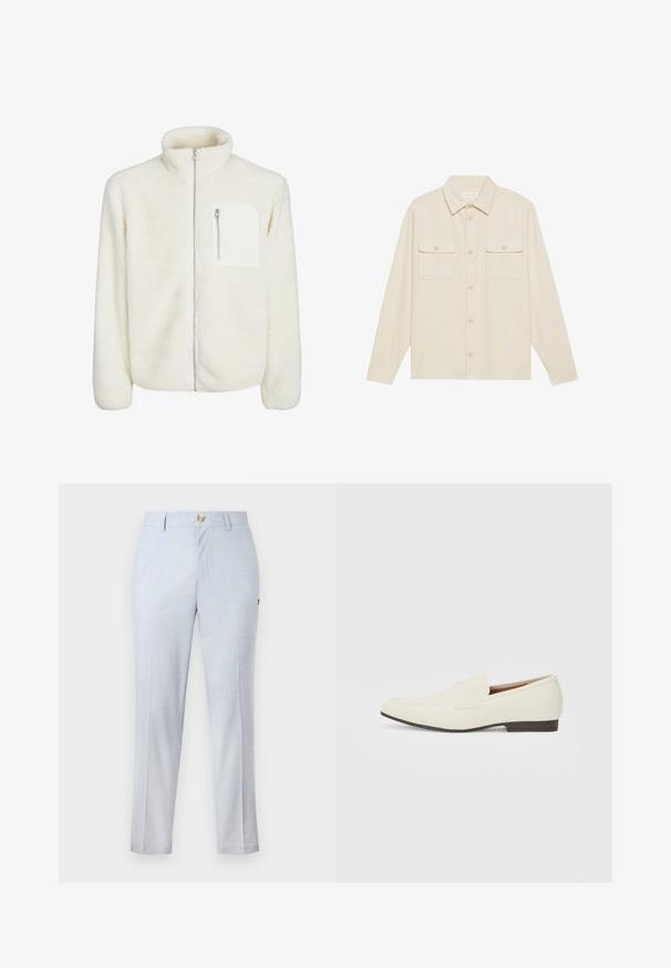 Biała polarowa kurtka z wysokim kołnierzem, zamkiem błyskawicznym z przodu oraz małą kieszonką na zamek na piersi. Miękka tekstura z pluszowym wyglądem.; Beżowa koszula z korduru, z długimi rękawami, spiczastym kołnierzykiem i dwoma kieszeniami na piersi. Posiada zapięcie na guziki z przodu oraz materiał o teksturowanej powierzchni.; Jasnoniebieskie spodnie materiałowe o klasycznym kroju, proste nogawki, kieszenie z przodu i zapięcie na guzik. Subtelny wzór.; Jasne beżowe mokasyny z wąskim noskiem, gładkim materiałem, paskiem na wierzchu stopy oraz niską brązową podeszwą. Prosty design z minimalnymi akcentami.