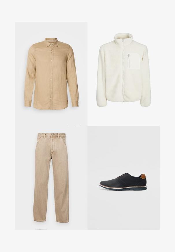Hvit fleecejakke med høyt nakkekrage, frontlukking med glidelås og en liten glidelåslomme på brystet. Myk tekstur med en luksuriøs utseende.; Lysebeige langermet skjorte laget av lin, med knapper foran, myk tekstur og krage. Inkluderer rulleflik på ermene.; Beige denimjeans med rett ben design, med frontlommer, metallknapplukking og subtil tekstur.; Sorte syntetiske sko med en teksturert overdel, glatte detaljer, brun hæl og en kontrastfarge på sålen. Har minimalt snøring og sømdetaljer.