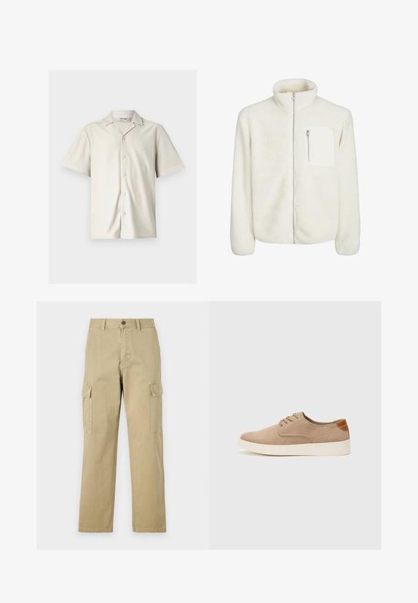 Veste en polaire blanche avec col haut, fermeture éclair sur le devant et une petite poche zippée sur la poitrine. Texture douce avec une apparence duveteuse.; Chemise à manches courtes, beige clair, à boutons avec un col pointu, texture côtelée et cinq boutons ronds sur le devant.; Pantalons cargo beiges en coton, dotés de deux poches latérales, d'une fermeture à bouton et de jambes droites avec un tissu légèrement texturé.; Baskets en daim beige avec un embout arrondi, un laçage sur le devant et un accent texturé à l'arrière. La semelle en caoutchouc blanche offre un contraste. Design simple et moderne.