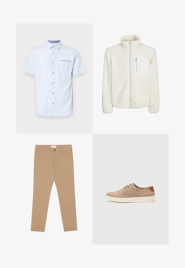 Biała polarowa kurtka z wysokim kołnierzem, zamkiem błyskawicznym z przodu oraz małą kieszonką na zamek na piersi. Miękka tekstura z pluszowym wyglądem.; Jasnoniebieska koszula z krótkim rękawem, wykonana z miękkiego materiału, z zapięciem na guziki z przodu, pojedynczą kieszenią na piersi oraz kontrastowym detalem kołnierza.; Khaki chinos wykonane z mieszanki bawełny, z płaskim przodem, dwoma bocznymi kieszeniami i jedną kieszenią z tyłu. Lekka tkanina o gładkiej fakturze.; Beżowe zamszowe sneakersy z okrągłym noskiem, sznurowanym przodem i teksturowanym akcentem na tyle. Biała gumowa podeszwa tworzy kontrast. Prosty i nowoczesny design.