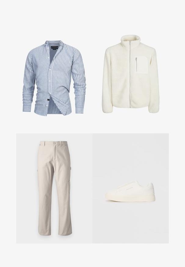 Hvit fleecejakke med høyt nakkekrage, frontlukking med glidelås og en liten glidelåslomme på brystet. Myk tekstur med en luksuriøs utseende.; Lys blå stripet skjorte laget av stoff med vertikale hvite striper. Har knapping på kragen og lange ermer med knappemanchetter.; Beige cargo bukser laget av slitesterk bomull med rette ben, frontlukking med knapp og sidelommer for nytte. Jevn tekstur med subtile sømmer.; Hvite slip-on joggesko med teksturert overflate, tykk såle og minimalistisk design. Har merkevarelogo på siden.