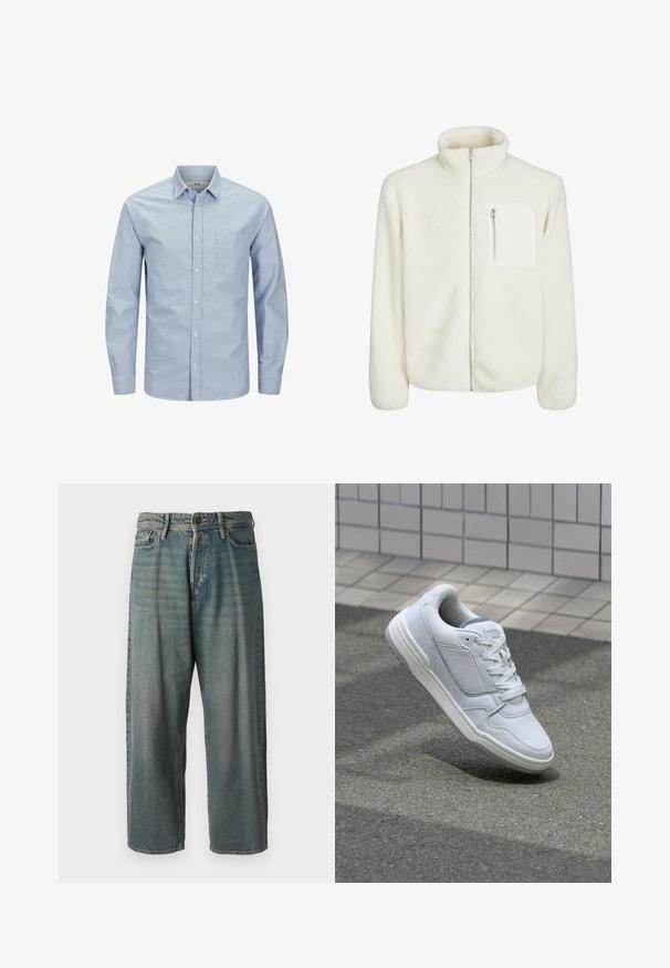 Hvit fleecejakke med høyt nakkekrage, frontlukking med glidelås og en liten glidelåslomme på brystet. Myk tekstur med en luksuriøs utseende.; Lyseblå, langermet skjorte med knapper og lomme på venstre bryst. Laget av mykt stoff med en jevn tekstur og subtil logo detalj.; Lyseblå denimjeans med løs passform, midjehøyde og rette ben. Har fem lommer, beltehemper og knappelukking.; Hvite lær sneakers med perforerte sider, teksturerte detaljer, flate lisser og en kontrasterende grå hæl. Har en lite hevet såle.