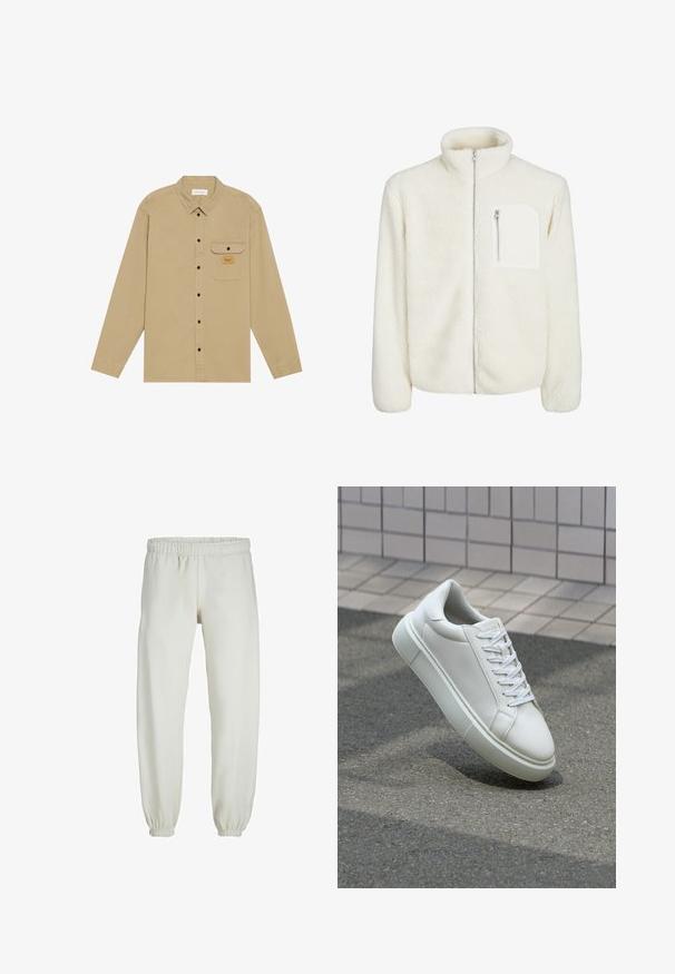 Weiße Fleecejacke mit hohem Kragen, vorderem Reißverschluss und einer kleinen Reißverschlusstasche auf der Brust. Weiche Textur mit einem samtigen Erscheinungsbild.; Beige Langarmhemd aus Baumwolle, mit einem Hemdkragen zum Knöpfen, schwarzen Knöpfen, einer Brusttasche und einem Markenetikett auf der Tasche.; Weiße Jogginghose aus weichem Stoff, mit elastischem Bund und Säumen, einer glatten Textur und lockerem Schnitt.; Weiße Leder-Sneaker mit glatter Oberfläche, runder Zehenpartie und flachen weißen Schnürsenkeln. Verfügt über eine strukturierte Gummisohle und minimalistische Designelemente.