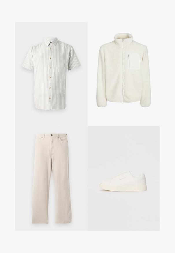 White fleece jacket with high collar, front zip closure, and a small zip pocket on the chest. Soft texture with a plush appearance.; Short-sleeve shirt in light green and white stripes, featuring a button-down collar and wooden buttons along the front. Soft, breathable fabric.; Beige corduroy pants with a straight cut, featuring a ribbed texture, five-pocket design, and a button-fly closure.; White slip-on sneakers with a textured surface, a thick sole, and minimalistic design. Features brand logo on the side.