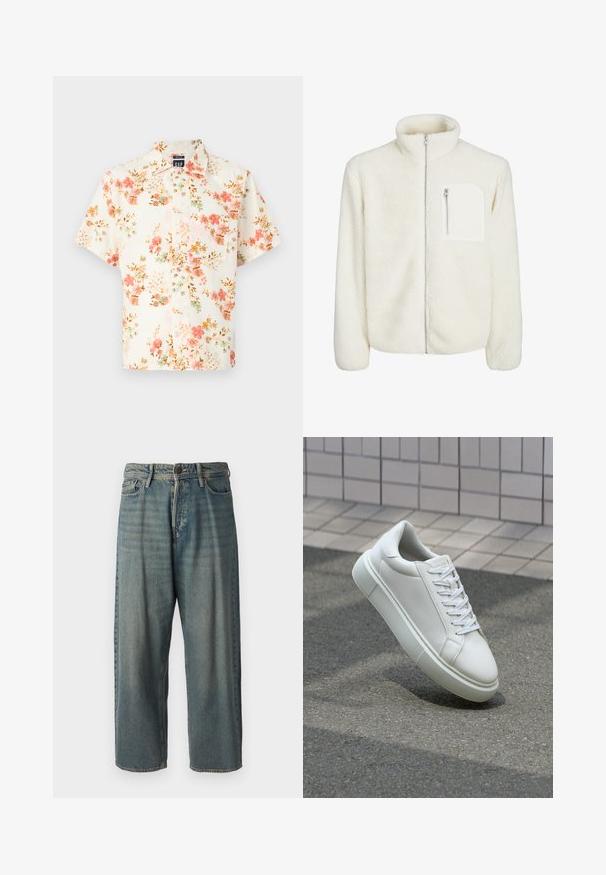 Fehér fleece dzseki magas gallérral, elülső cipzáras záródással és egy kis cipzáras zsebbel a mellrészen. Puha tapintású, plüss megjelenésű.; Rövid ujjú ing, amely krém színű háttérrel rendelkezik, rózsaszín, zöld és barna árnyalatokban virágmintával; gombos zárás és standard gallér.; Világoskék farmernadrág, laza fazonnal, közepes derékbőséggel és egyenes szárral. Öt zsebet, övbucskát és gombos záródást tartalmaz.; Fehér bőr sportcipő sima felülettel, kerek orral és lapos fehér fűzőkkel. Texturált gumitalppal és minimális dizájnelemekkel rendelkezik.