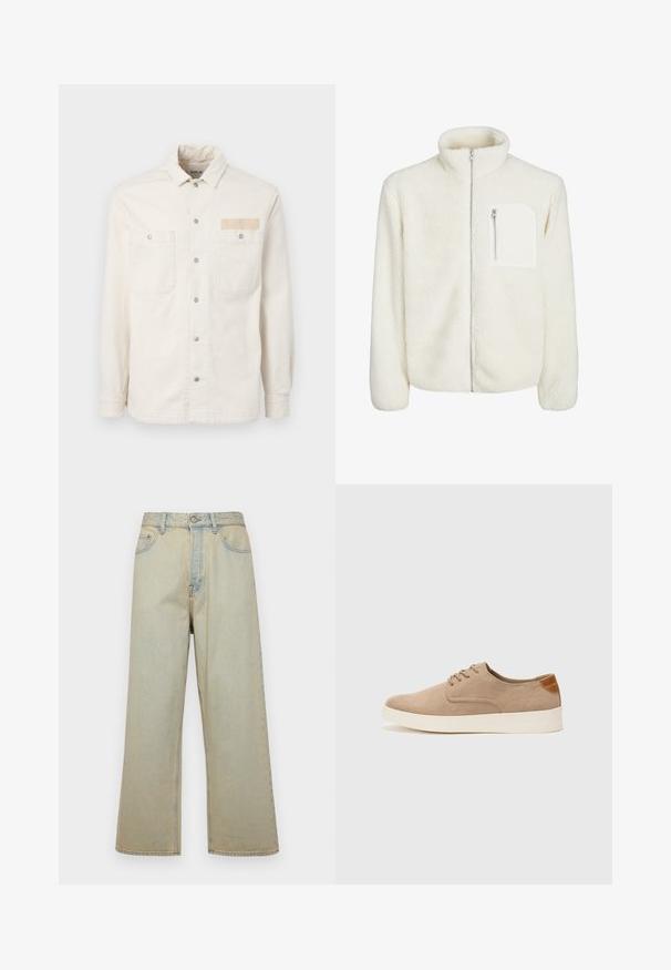 Balta flīsa jaka ar augstu apkakli, priekšējo rāvējslēdzēju un mazu rāvējslēdzēja kabatu uz krūtīm. Mīksta tekstūra ar pūkainu izskatu.; Balta denima jaka ar garām piedurknēm, punktveida apkakli, divām priekšējām kabatām, metāla pogām un zīmola auduma etiķeti uz krūtīm.; Gai zili platās kājas džinsi, izgatavoti no denim ar izbalējušu apdari. Iekļauj piecas kabatas un priekšējo pogu aizdari.; Beige zamšādas kedas ar noapaļotu purngala daļu, auklēm saplacinātu priekšpusi un teksturētu aizmugures akcentu. Balta gumijas zole nodrošina kontrastu. Vienkāršs un mūsdienīgs dizains.