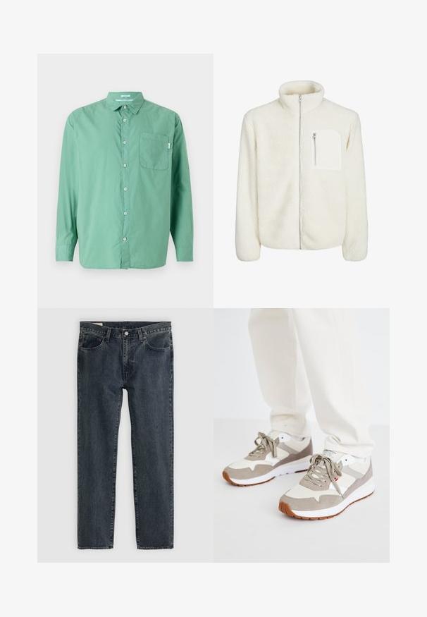 Balta pūkų striukė su aukštu apykakliu, priekiniu užtrauktuku ir mažuoju užtrauktuko kišenėle ant krūtinės. Minkšta tekstūra su pūkuota išvaizda.; Žalias marškiniai su ilgomis rankovėmis, pagaminti iš medvilnės, su viena krūtine kišene, laisvas kirpimas, subtili tekstūra ir klasikinio tipo apykaklė.; Tamsiai mėlynos džinsinės kelnės su tiesioginiu kirpimu, penkiais kišenėmis ir mygtukų uždarymu. Audinys rodo subtilų išblukimą ir tekstūrą.; Beigi ir pilki sportbačiai, pagaminti iš zomšos ir tinklinės medžiagos. Įrengtas baltas vidurinis padas ir guminis padas. Standartinis raištelių dizainas.