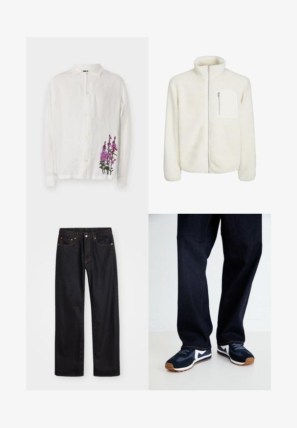 Casaco de fleece branco com colarinho alto, fecho à frente com zíper e um pequeno bolso com zíper no peito. Textura suave com uma aparência peluda.; Camisa de linho branca com mangas compridas, fecho de botão e vibrante bordado floral rosa no lado inferior direito. Textura suave.; Calças de ganga pretas para homem, de pernas retas, com cinco bolsos e costura laranja, fecho de botão e zíper na cintura da frente.; Tênis atléticos em azul marinho e branco com um upper texturizado, cadarços e sola de borracha, combinados com calças de ganga escuras com costuras laranja.