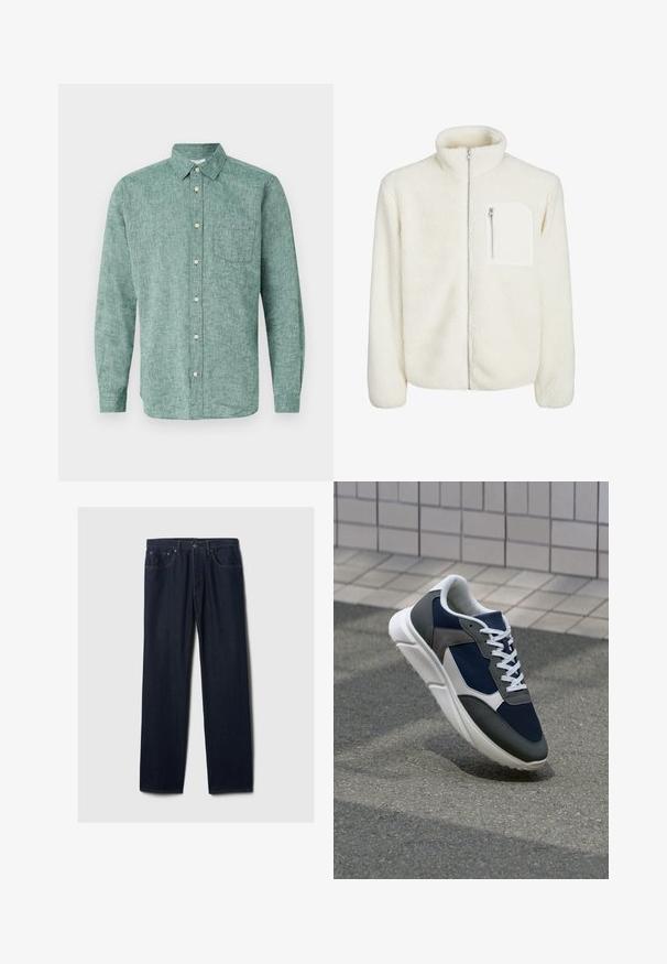 Veste en polaire blanche avec col haut, fermeture éclair sur le devant et une petite poche zippée sur la poitrine. Texture douce avec une apparence duveteuse.; GAP STANDARD - Chemise - rain forest; Jeans en denim bleu foncé à jambe droite avec un design à cinq poches, fermeture à bouton et couture visible sur un fond clair.; Baskets avec une tige en mesh bleu marine, des accents en suède gris, une semelle en caoutchouc blanc et des lacets plats blancs, conçues pour le confort et la respirabilité.