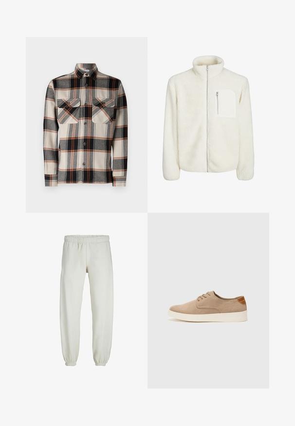 Biela fleecová bunda s vysokým golierom, predným zipsom a malým zipsovým vreckom na hrudi. Mäkká textúra s huňatým vzhľadom.; Jack & Jones JJDARREN - Košeľa - moonbeam; Biele teplákové nohavice vyrobené z mäkkej textílie, s elastickým pásom a manžetami, s hladkým povrchom a voľným strihom.; Béžové semišové tenisky s okrúhlou špičkou, šnurovaním vpredu a textúrovaným zadným akcentom. Biela gumová podrážka poskytuje kontrast. Jednoduchý a moderný dizajn.