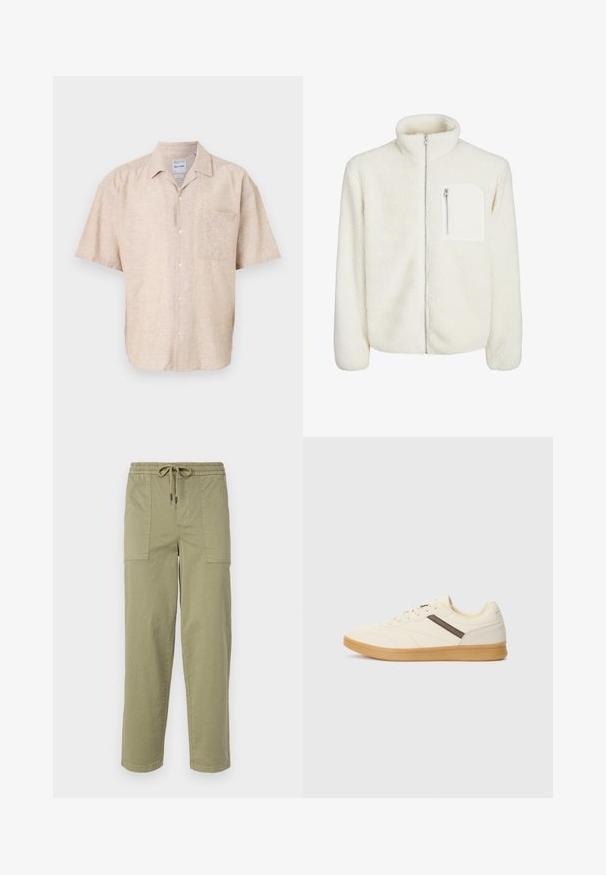 White fleece jacket with high collar, front zip closure, and a small zip pocket on the chest. Soft texture with a plush appearance.; Short-sleeve button-up shirt in beige linen blend, featuring a chest pocket, subtle texture, and a classic collar design.; Light olive green pants made of cotton blend fabric, featuring an elastic waistband with drawstring, and two large side pockets.; Cream-colored sneaker with a textured upper, brown accent stripe, and a tan rubber sole, featuring a low profile and lace-up design.
