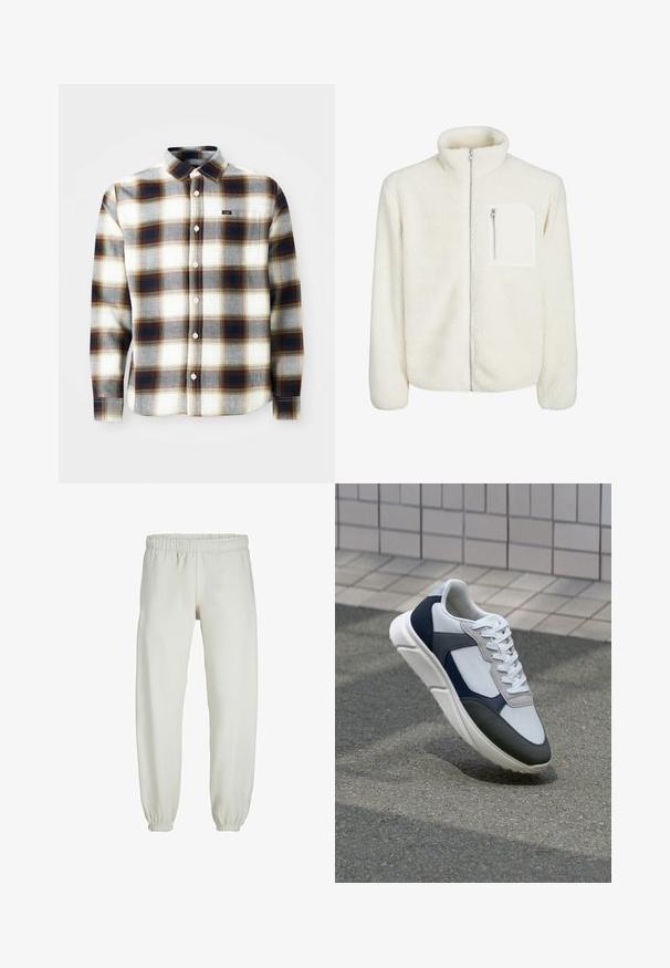 Witte fleec jasje met hoge kraag, ritssluiting aan de voorkant en een klein ritszakje op de borst. Zachte textuur met een pluizige uitstraling.; Langetermijn gestreepte blouse in wit, grijs en bruin. Heeft een knoopsluiting, klassieke kraag en een klein merkembleem op de borst.; Witte sweatpants gemaakt van zachte stof, met een elastische tailleband en boorden, een gladde textuur en een losvallend ontwerp.; Witte, marineblauwe en grijze sneaker met een gemengde materiaald ontwerp, met een gestructureerde bovenkant, platte veters en een gevoerde zool.