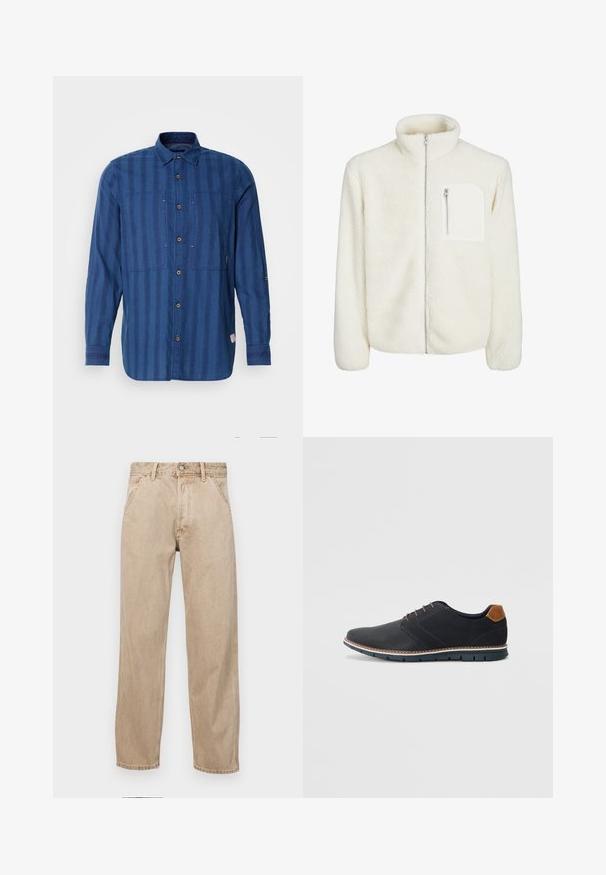 Hvit fleecejakke med høyt nakkekrage, frontlukking med glidelås og en liten glidelåslomme på brystet. Myk tekstur med en luksuriøs utseende.; Blåstripet langermet skjorte laget av myk stoff, med knapplukking foran, to brystlommer og klassisk krage.; Beige denimjeans med rett ben design, med frontlommer, metallknapplukking og subtil tekstur.; Sorte syntetiske sko med en teksturert overdel, glatte detaljer, brun hæl og en kontrastfarge på sålen. Har minimalt snøring og sømdetaljer.