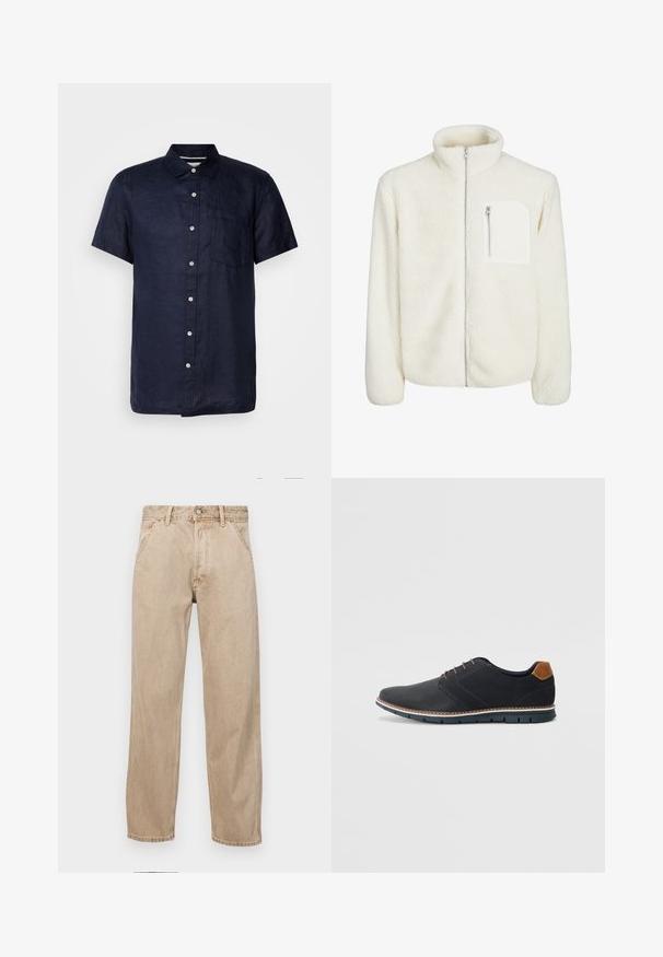 Witte fleec jasje met hoge kraag, ritssluiting aan de voorkant en een klein ritszakje op de borst. Zachte textuur met een pluizige uitstraling.; Korte mouwen marineblauwe linnen shirt met een button-down kraag, een borstzak en witte knopen, met een gestructureerde stof en rechte zoom.; Beige denim jeans met een recht gesneden ontwerp, voorzien van voorzakken, een metalen knoopsluiting en een subtiele textuur.; Zwarte synthetische schoenen met een gestructureerde bovenkant, gladde accenten, bruine hak en een contrasterende zool. Bevat minimale veters en stikdetails.