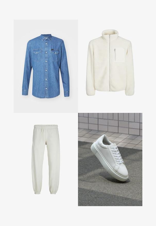 Giacca in pile bianca con colletto alto, chiusura frontale con zip e una piccola tasca con zip sul petto. Texture morbida con un aspetto peloso.; Lee REGULAR FIT - Camicia - washed blue; Pantaloni tuta bianchi realizzati in tessuto morbido, dotati di vita e polsini elastici, con una texture liscia e una vestibilità ampia.; Sneaker bianco in pelle con superficie liscia, punta rotonda e lacci piatti bianchi. Presenta una suola in gomma texturizzata e un design minimale.