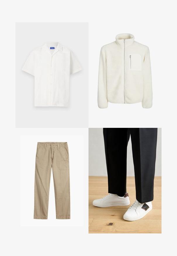 White fleece jacket with high collar, front zip closure, and a small zip pocket on the chest. Soft texture with a plush appearance.; White short-sleeve shirt with button closure, featuring intricate patterns along the front and a classic collar design.; Beige straight-leg chinos with belt loops, front button and zipper closure, and slant front pockets.; White sneakers with smooth texture, featuring brown leather accents and black detailing, paired with black tailored pants. Wooden floor background.
