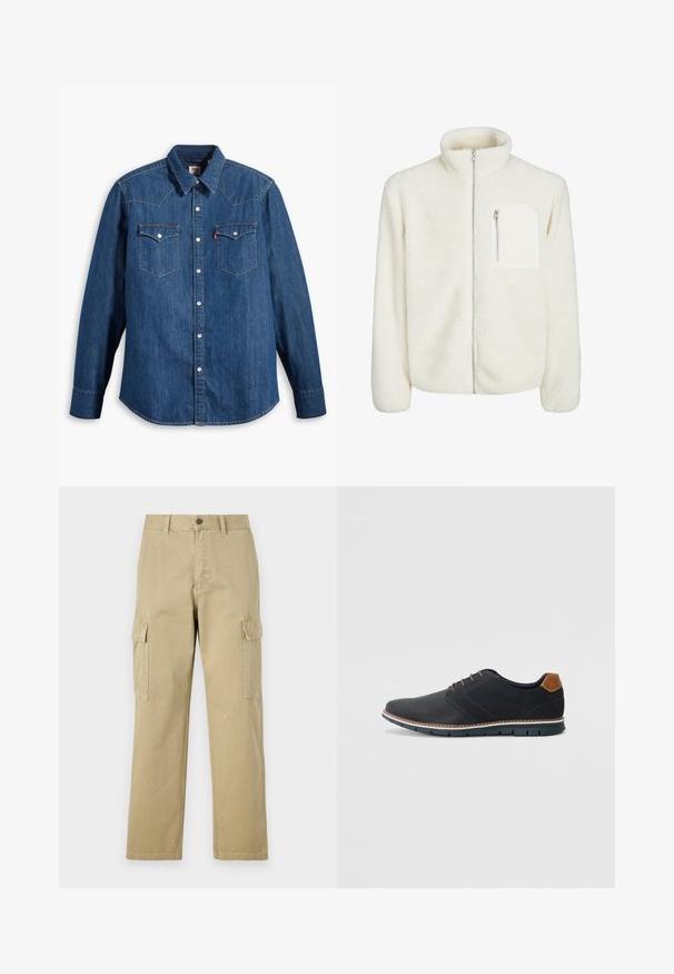 Bela flis jakna z visokim ovratnikom, sprednjim zadrgo in majhnim žepom z zadrgo na prsih. Mehka tekstura z luksuznim videzom.; Denim srajca v temno modri barvi z dolgimi rokavi, ostrim ovratnikom in gumbi na pritisk. Ima dve prsni žepi z poklopcem in kontrastno šivanje.; Bež hlače s cargo krojem iz bombaža, z dvema stranskima žeparm, gumbom za zapiranje in ravnimi nogavicami iz rahlo teksturirane tkanine.; Črne sintetične čevlje z teksturirano zgornjščino, gladkimi akcenti, rjavim petnim delom in kontrastnim podplatom. Imajo minimalno vezanje in detajle šivanja.