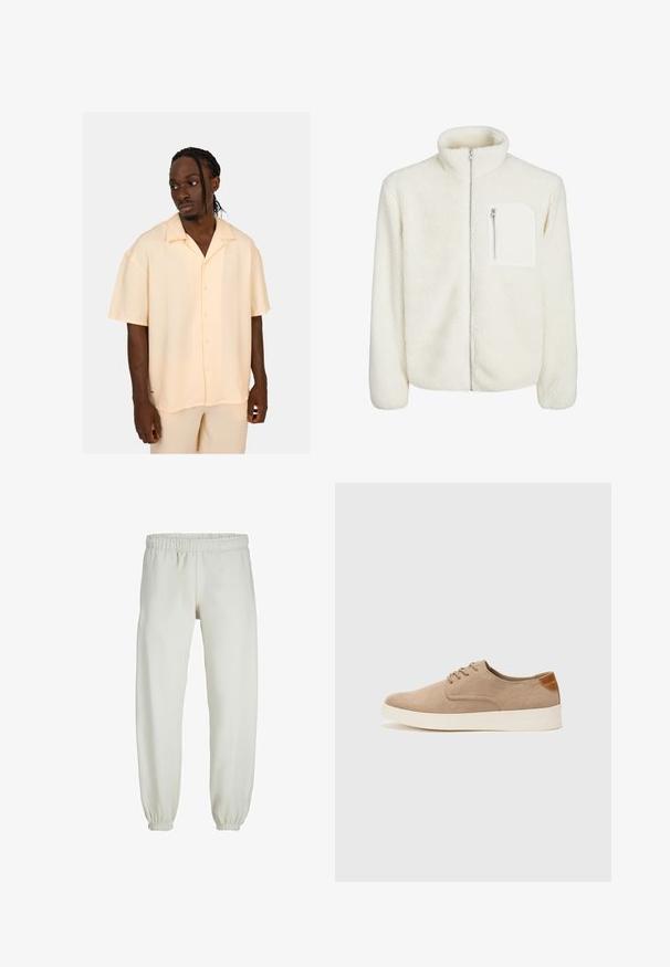 Bílá fleecová bunda s vysokým límcem, předním zipem a malou kapsičkou na zip na hrudi. Měkká textura s nadýchaným vzhledem.; Světle žlutá košile s krátkým rukávem, s jemnou strukturou, zapínáním na knoflíky a decentním logem. Střih je volný a pohodlný, vyrobena z lehkého materiálu.; Bílé tepláky vyrobené z měkkého materiálu, s elastickým pasem a manžetami, s hladkou texturou a volným střihem.; Béžové semišové tenisky s kulatou špičkou, šněrováním vpředu a texturovaným zadním akcentem. Bílá gumová podrážka poskytuje kontrast. Jednoduchý a moderní design.