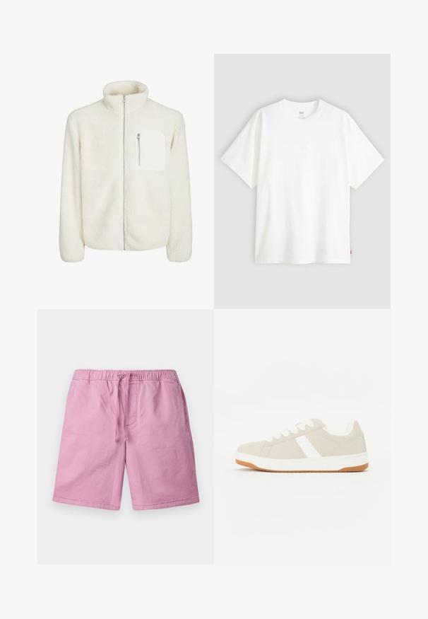 Witte fleec jasje met hoge kraag, ritssluiting aan de voorkant en een klein ritszakje op de borst. Zachte textuur met een pluizige uitstraling.; Witte pique t-shirt met korte mouwen van katoen en een ronde hals. Heeft een subtiele reliëf logo-detail aan de voorkant en een rood label aan de zoom.; Lichte roze shorts van een zacht materiaal, met een elastische tailleband en een koord, en zijzakken. Recht gesneden pijpen, zonder patronen.; Beige sneaker met witte accenten, suede textuur, ronde vorm, vetersluiting ontwerp en een contrasterende gumrubberen outsole.