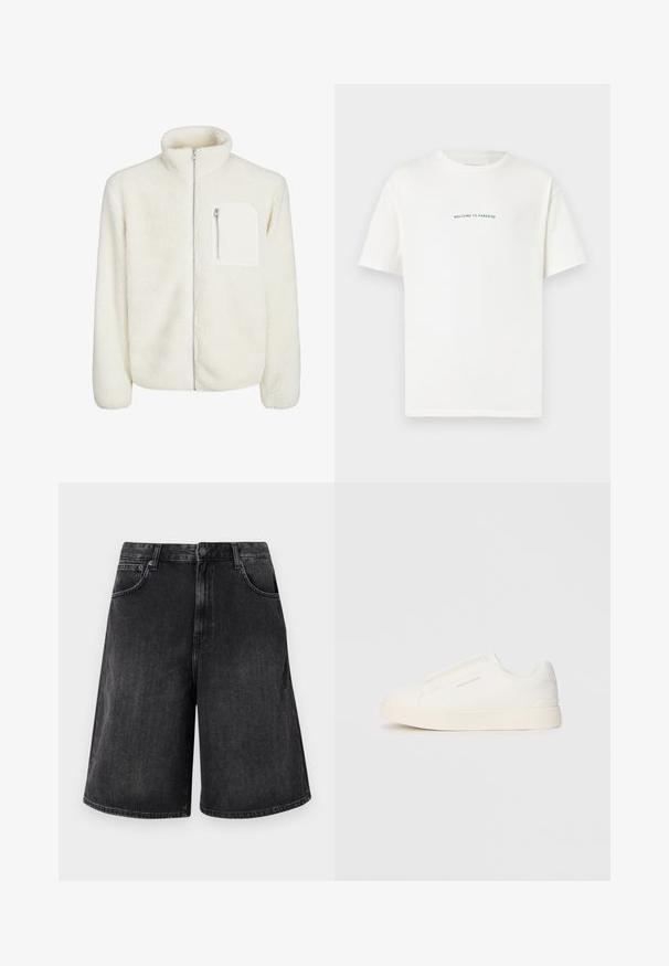 Bílá fleecová bunda s vysokým límcem, předním zipem a malou kapsičkou na zip na hrudi. Měkká textura s nadýchaným vzhledem.; Bílý bavlněný tričko s krátkým rukávem a kulatým výstřihem. Uprostřed je napsáno "VÍTÁME V RÁJI" křivým zeleným písmem.; Černé denimové šortky s širokým, rovný střihem, opatřené předním zapínáním na knoflík a pěti kapsami. Měkká struktura s opraným vzhledem.; Bílé slip-on tenisky s texturovaným povrchem, silnou podešví a minimalistickým designem. Na boku je umístěno logo značky.