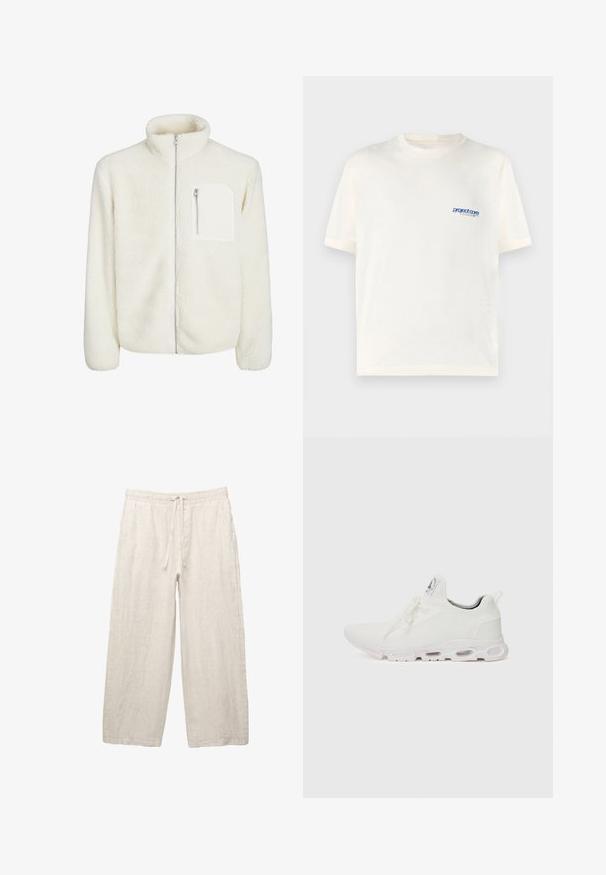 Hvid fleecejakke med høj krave, frontlynlås og en lille lynlås-lomme på brystet. Blød tekstur med et luksuriøst udseende.; Creme kortærmet t-shirt lavet af blød bomuld, med et lille blåt trykt logo på venstre brystområde. Classic crew neck design.; Linnedragt i lys beige med elastisk talje og snøre, vid bendesign og sidelommer. Glat tekstur.; Hvide atletiske sko med en tekstureret strikket overdel, flade snørebånd og en polstret sål med synlige luftkamre for ekstra støtte.