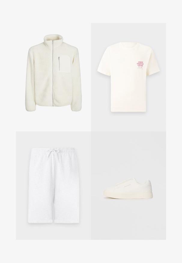 Weiße Fleecejacke mit hohem Kragen, vorderem Reißverschluss und einer kleinen Reißverschlusstasche auf der Brust. Weiche Textur mit einem samtigen Erscheinungsbild.; Weißes T-Shirt mit kurzen Ärmeln und rotem Text "Studio Originals Edition" auf der linken Brust, präsentiert vor einem neutralen grauen Hintergrund.; Weiße Baumwollshorts mit elastischem Bund und verstellbarem Kordelzug. Mit geradem Schnitt und glatter Textur. Keine Muster oder Akzente.; Weiße Slip-On-Sneaker mit einer strukturierten Oberfläche, dicker Sohle und minimalistischem Design. Mit Logo der Marke an der Seite.