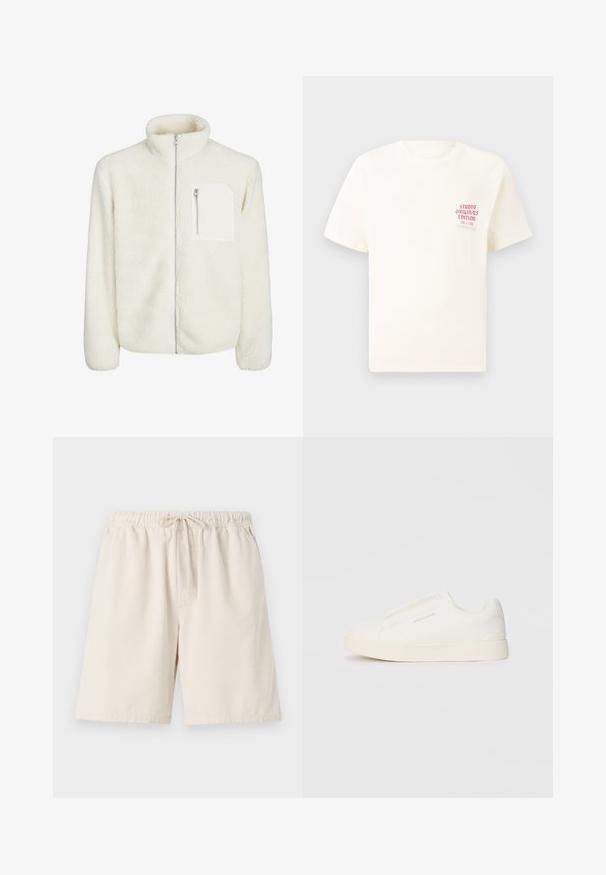Λευκή φλις ζακέτα με ψηλό γιακά, μπροστινό φερμουάρ και μια μικρή τσέπη με φερμουάρ στο στήθος. Μαλακή υφή με πλούσια εμφάνιση.; Άσπρη κοντομάνικη μπλούζα με κόκκινο κείμενο "Studio Originals Edition" στο αριστερό στήθος, παρουσιασμένη σε ουδέτερο γκρι φόντο.; Ανοιχτό μπεζ ριγέ σορτς με ελαστική μέση και κορδόνι. Διαθέτει πλαϊνές τσέπες και χαλαρή εφαρμογή. Υλικό από μίγμα βαμβακιού.; Λευκά slip-on παπούτσια με υφή, παχύ πάτο και μινιμαλιστικό σχέδιο. Φέρει το λογότυπο της μάρκας στο πλάι.