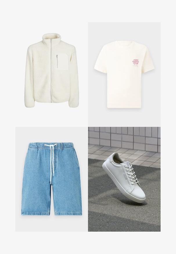 White fleece jacket with high collar, front zip closure, and a small zip pocket on the chest. Soft texture with a plush appearance.; White short-sleeve T-shirt with red text "Studio Originals Edition" on left chest, displayed on a neutral gray background.; Light blue denim shorts with an elastic waistband, white drawstring, and a relaxed fit. Features a smooth texture and hemmed edges.; White sneaker made of textured leather, featuring a lace-up front, sturdy rubber sole, and minimalistic design with a reinforced toe.